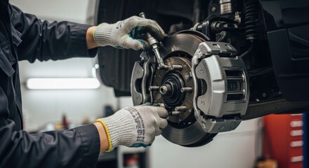 Mechanic installing brake calipers on car wheel in garage