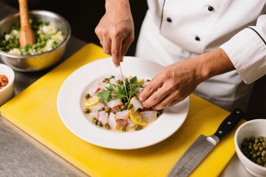 Chef garnishing a plated fish dish with herbs and capers in a professional kitchen setting - Powered by Adobe
