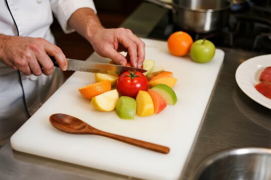Chef slicing fresh fruits on a cutting board in a kitchen - Powered by Adobe