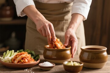 Person preparing kimchi in a traditional ceramic pot with fresh vegetables and seasonings on a wooden table
