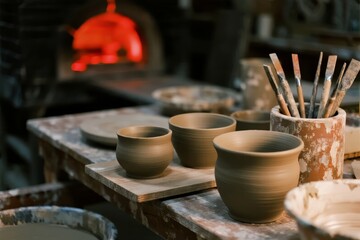 Unfired clay pots on a workbench in a pottery studio with tools and a glowing kiln in the background