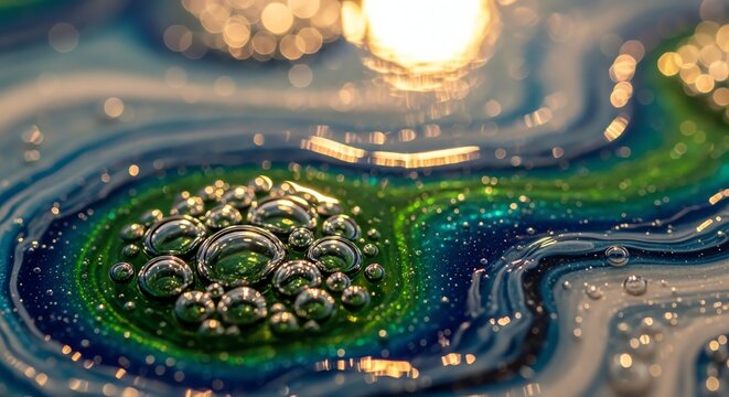 Glowing macro bubbles in swirling blue and green liquid abstract background.