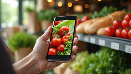 Person holds smartphone looking at food photo in market. Closeup hand with mobile device near vegetables. Online grocery shopping app on screen for ordering healthy food.