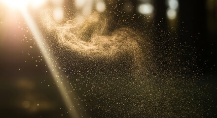 Golden sunbeam illuminating floating dust particles in air.