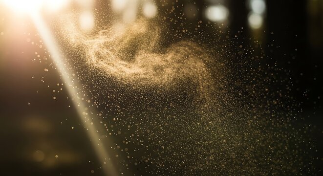 Golden sunbeam illuminating floating dust particles in air.