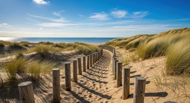 Wooden walkway through sand dunes to a scenic beach under a sunny sky - Powered by Adobe