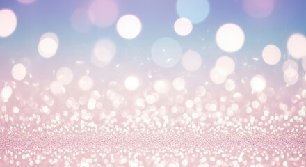 Soft focus abstract background with sparkling glitter foreground and beautiful bokeh lights in pastel pink and blue gradient for celebration, holiday, or festive design