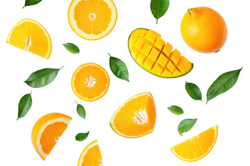 Obraz premium A arrangement of fresh oranges and a ripe mango surrounded by green leaves on a clean white background. ideal for health and wellness promotions or culinary uses
