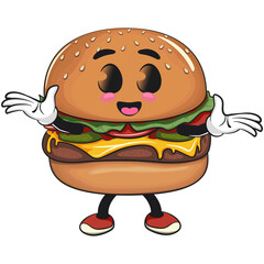 cute burger mascot character welcome with open hands, happy cartoon burger vector illustration, work of hand drawn