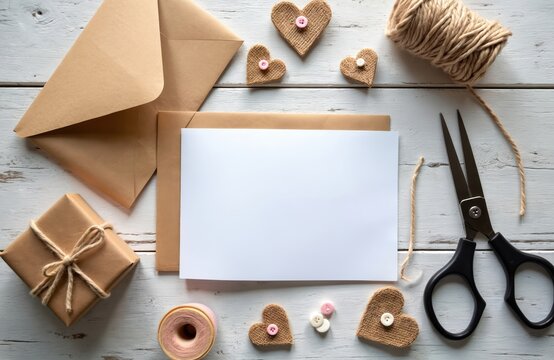 Brown craft paper envelope, blank white card, small gift box. Scissors, spool of twine, burlap hearts with buttons sit on white wooden table. Items for handmade greetings, wrapping gifts, DIY - Powered by Adobe