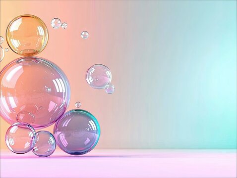 A collection of large and small transparent bubbles with iridescent reflections, floating against a soft, gradient background transitioning from peach to aqua.