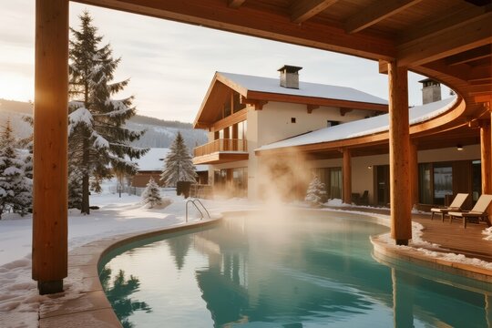 Outdoor heated pool at a snowy mountain lodge with steam rising in winter
