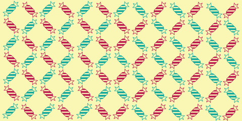 Colorful Christmas candy seamless pattern featuring vibrant striped sweets in a playful geometric layout. Perfect for festive designs, holiday packaging, kids' themes, wrapping papers, and background.