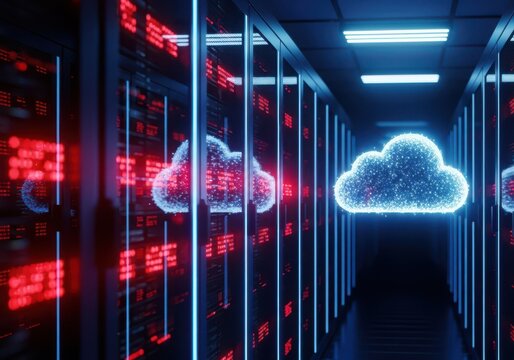 Digital representation of cloud computing infrastructure inside a server room with glowing blue cloud icons and red data screens