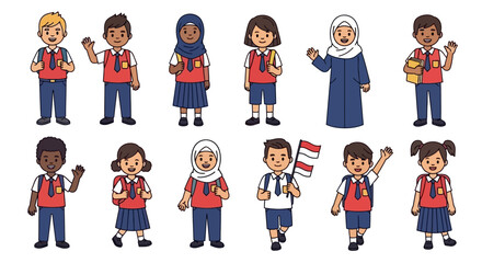 Cheerful and Diverse Indonesian School Children in Various Uniforms and Attire, Celebrating Education and Cultural Inclusivity, Ready for Learning and Growth
