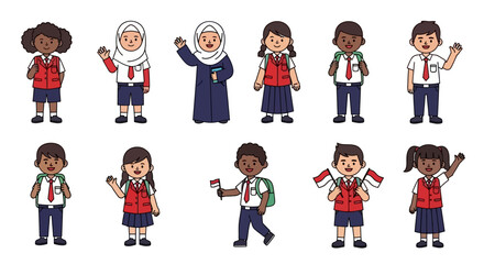 An illustration featuring a joyful and diverse group of Indonesian schoolchildren in their uniforms, symbolizing unity, education, and national pride for their country