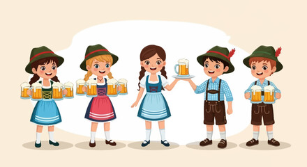 Young children in traditional Bavarian costumes joyfully celebrate a German folk festival, holding frothy beer mugs for a festive and cheerful illustration