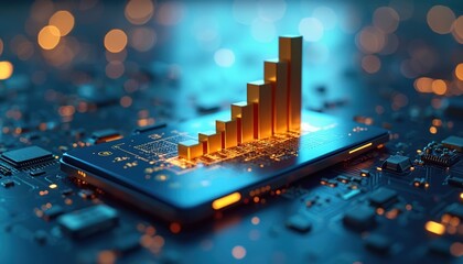 Golden bar chart showing growth on digital display. Business data visualisation of financial progress. Tech concept of market trend rising on motherboard with microchips and circuit board.