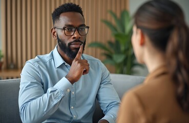 Black psychologist with glasses listens attentively to patient in office. Man contemplates during therapy session. Woman client shares feelings in counseling, mental health support.