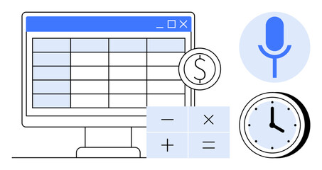 Desktop screen showing a spreadsheet, calculator, microphone icon, and clock. Ideal for finance, productivity, time management, data analysis budgeting automation and scheduling. A simple flat