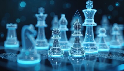 Digital chessboard displays glowing blue wireframe chess pieces representing corporations. Futuristic strategy game with data analytics and performance metrics visual.
