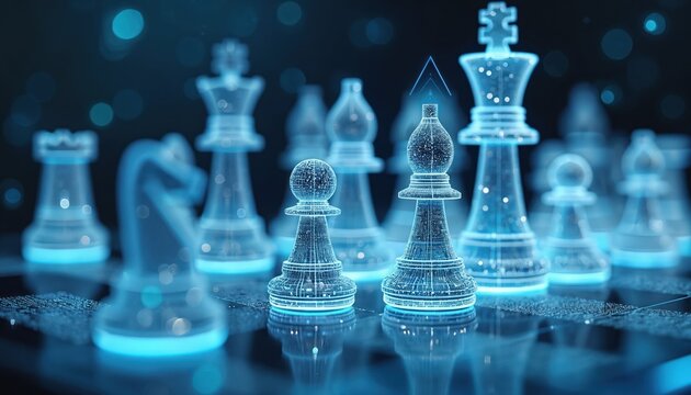 Digital chessboard displays glowing blue wireframe chess pieces representing corporations. Futuristic strategy game with data analytics and performance metrics visual.