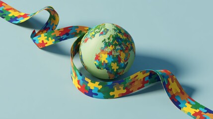 Earth globe with colorful puzzle ribbon for World autism awareness day. Global unity and support concept. Puzzle piece for special needs acceptance.