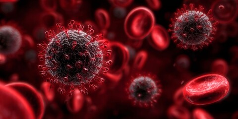 Red blood cells and virus in bloodstream. Microscopic view of viral infection and human body immune response. Medical, health, science.