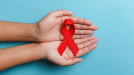 Woman cupping a red ribbon in her hands. World AIDS day concept for awareness and support against HIV and other diseases like heart attack and stroke.