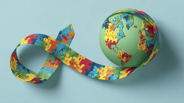 World globe wrapped in a colorful jigsaw puzzle ribbon, symbolizing autism awareness and global connection for neurodiversity.