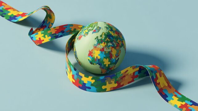 Earth globe with colorful puzzle ribbon for World autism awareness day. Global unity and support concept. Puzzle piece for special needs acceptance.