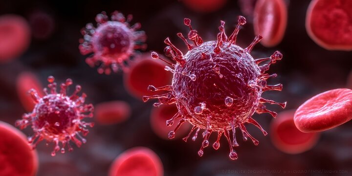 Coronavirus or other virus particle with red blood cells. Medical concept of infectious disease, pandemic, infection spread.