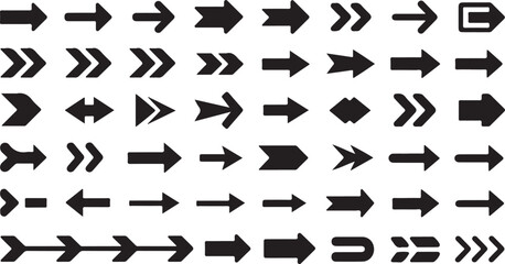 Forty two black arrows point directionally with varying shapes in orderly rows on transparent background