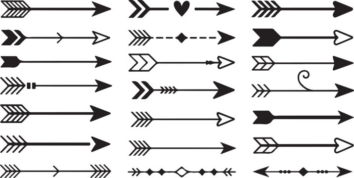 Diverse arrow collection showcases tribal, minimalist, and romantic styles against a transparent background