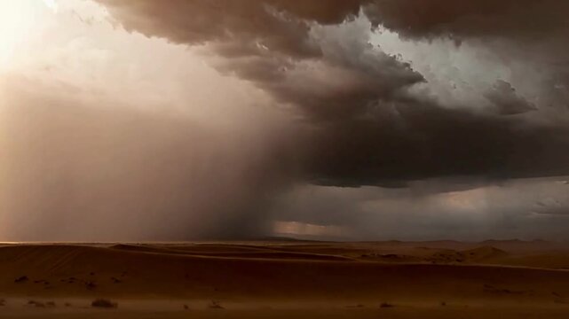 Dramatic desert storm with sun rays cutting through dark clouds creating powerful cinematic scenery and dynamic weather conditions