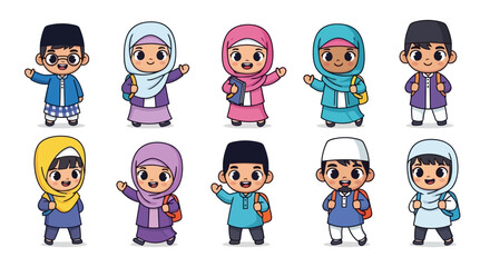 Diverse Group of Cheerful Muslim Children with Backpacks Ready for School and Education