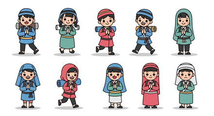Diverse cartoon characters illustrate young adventurers with backpacks and cultural figures in traditional clothing, representing travel, exploration, and spiritual journeys