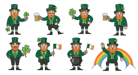 Collection of cartoon leprechauns celebrating St. Patrick's Day with shamrocks, beer, Irish flags, and a rainbow