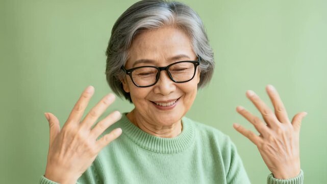 Elderly woman with short gray hair and glasses smiling warmly, dressed in a light green sweater. She is set against a solid green background, exuding happiness and positivity.