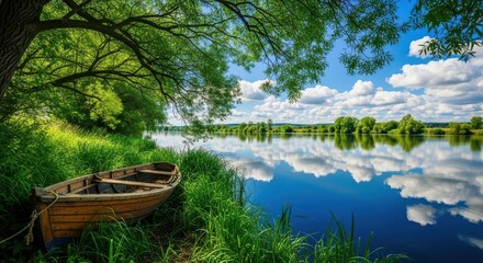 Obraz premium An old wooden rowboat rests on the grassy bank beside a calm river reflecting a bright blue sky with fluffy white clouds, shaded by lush green tree foliage overhead in a serene summer landscape