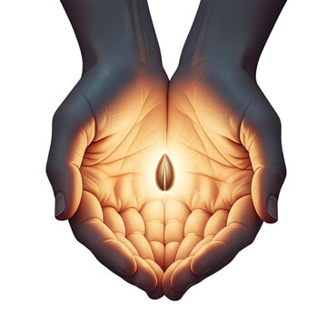 Symbolizing Imani (Faith), a glowing seed rests in gentle hands, radiating warm light. Ideal for spiritual growth, hope, new beginnings, Kwanzaa, or motivational content.