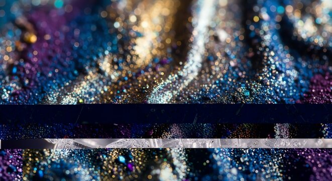 Iridescent glitter macro texture with shimmering bokeh highlights.