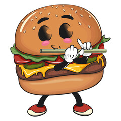 cute burger mascot character playing the flute, happy cartoon burger vector illustration, work of hand drawn