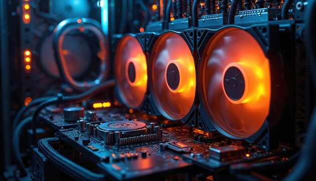 Computer with multiple glowing orange fans and complex wiring. Inside a digital setup with circuit boards and cables. Tech hardware for gaming or data processing.