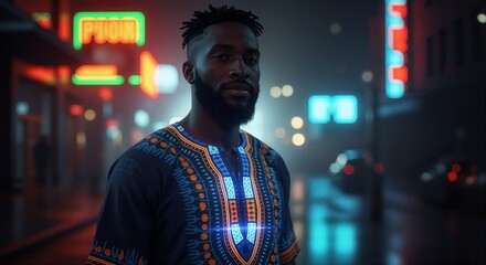 Stylish African American man in vibrant dashiki shirt on a neon city street at night.