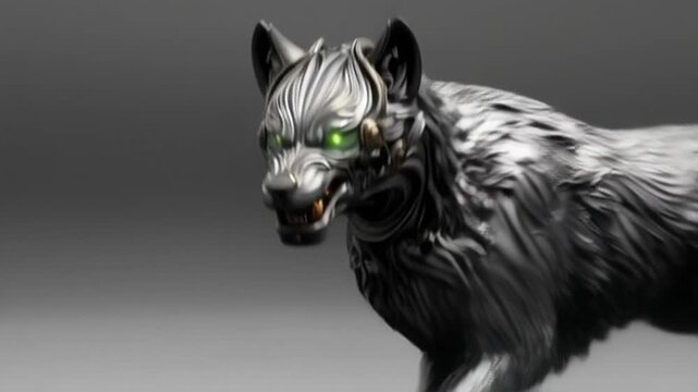 Close-up of a futuristic robotic wolf featuring glowing green eyes, sharp metallic teeth, and intricate mechanical details. The background is a soft gradient, emphasizing the cybernetic design.