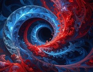 Intricate spiral of vibrant red and blue fractal patterns