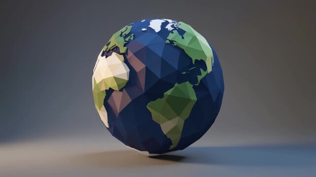 A stylized low-poly rendering of planet Earth, showcasing a geometric globe with faceted continents and oceans on a simple background