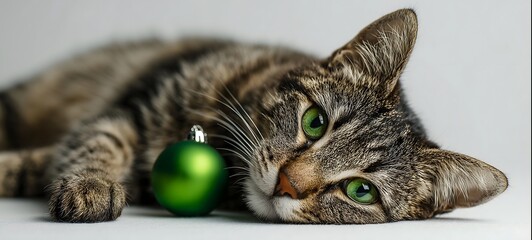 A close-up of a tabby cat with bright green eyes lying next to a shiny green Christmas ornament.