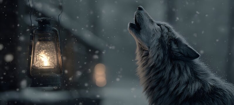 Wolf howls at lantern in snowy night